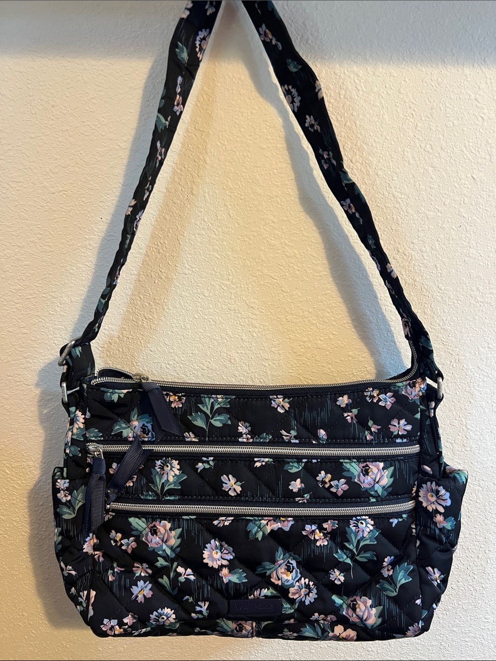 Vera Bradley Navy Quilted Floral Crossbody with Purple Blossoms and Green Leaves